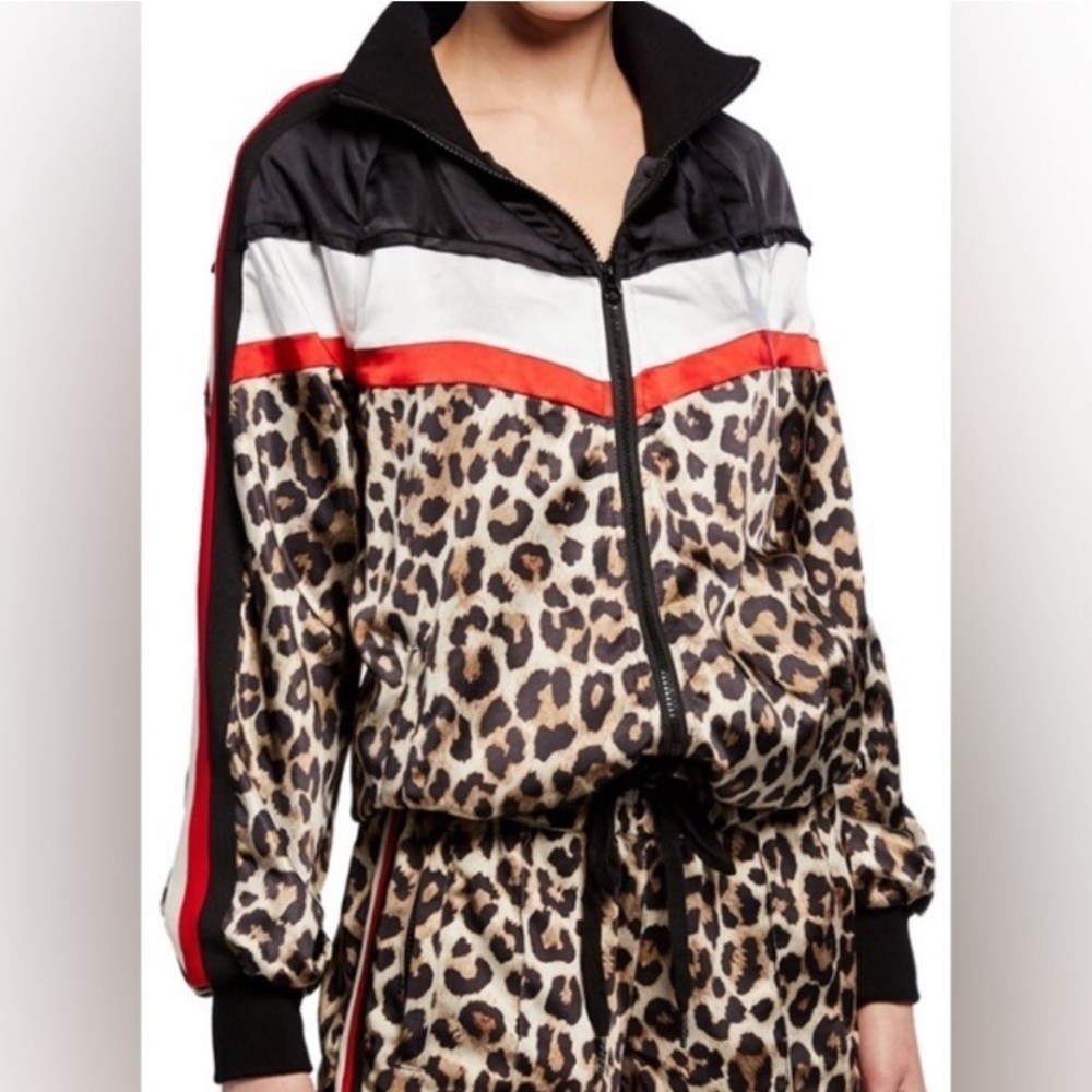 Pam & Gela Leopard Print Color Block Satin Bomber… - image 1